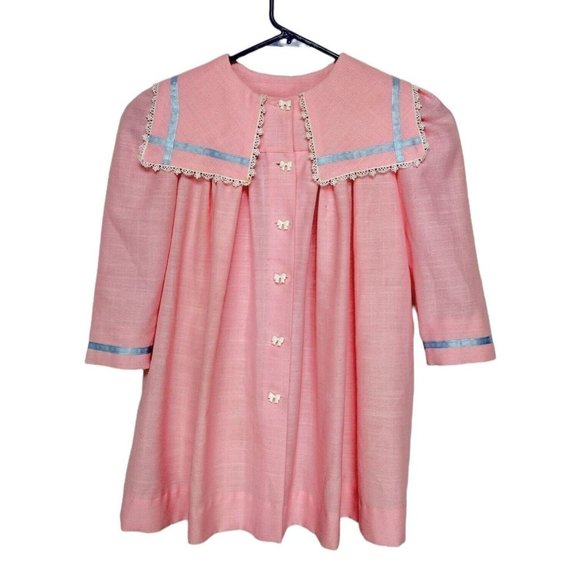 Vintage 40's Pink Square Sailor Collar French Lace Trim Bow Buttons Dress